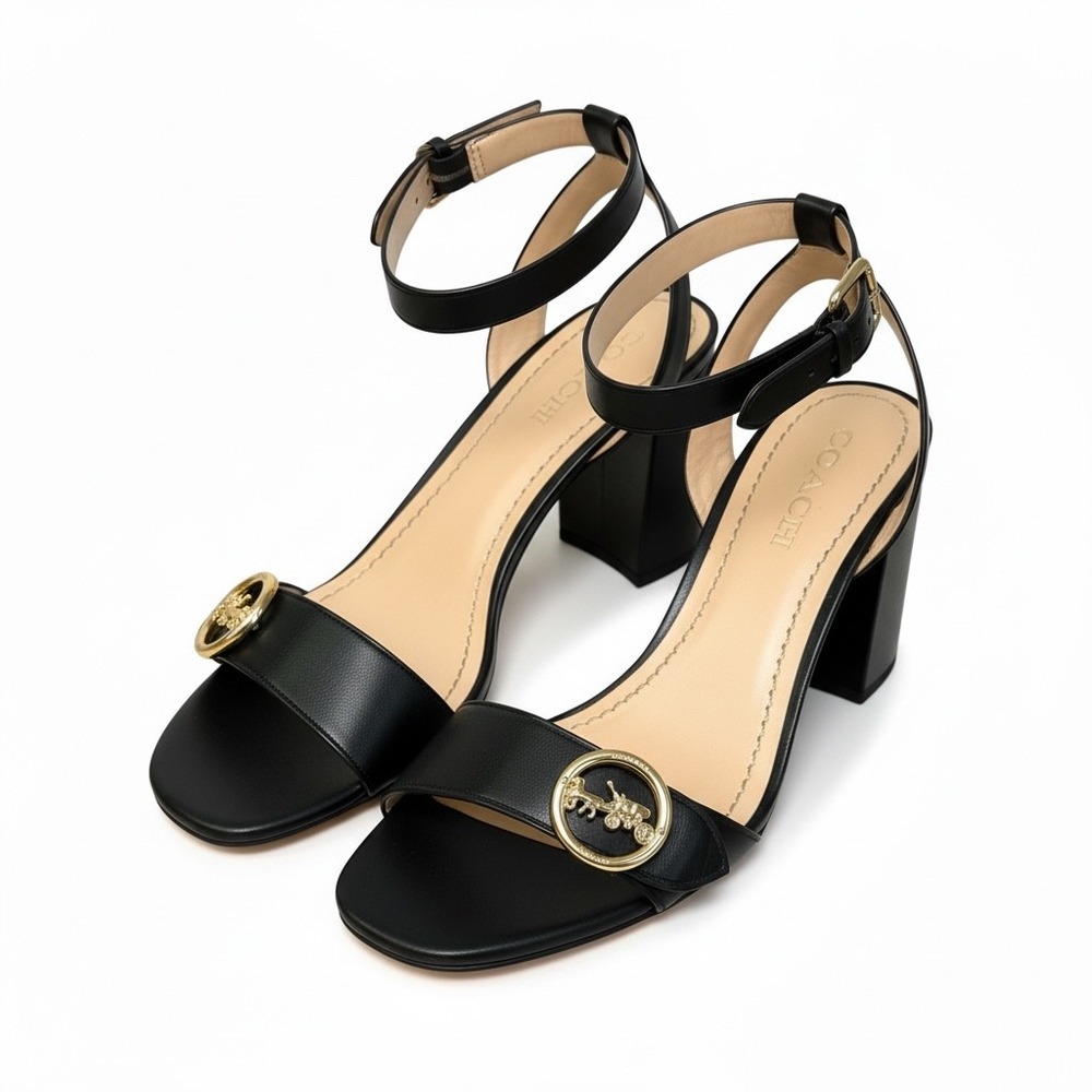 Coach Black Leather Block Heel Sandals Horse & Carriage Gold Hardware Womens 10 - Picture 2 of 16
